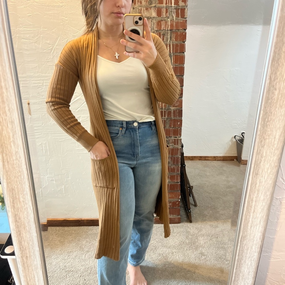 Cyrus Women's Tan Long Cardigan Sweater